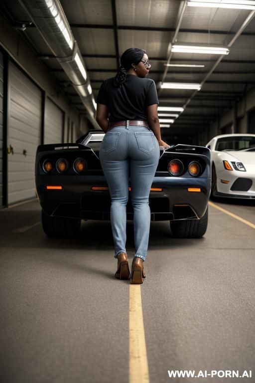 ebony granny, pretty face, round ass, vintage straight blue jeans , leather belt, brown top, oxford shoes, glasses with frames, from behind, full body - #main