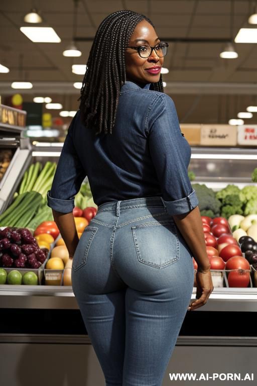 ebony granny, pretty face, round ass, vintage straight blue jeans , oxford shoes, glasses with frames, from behind, full body - #main
