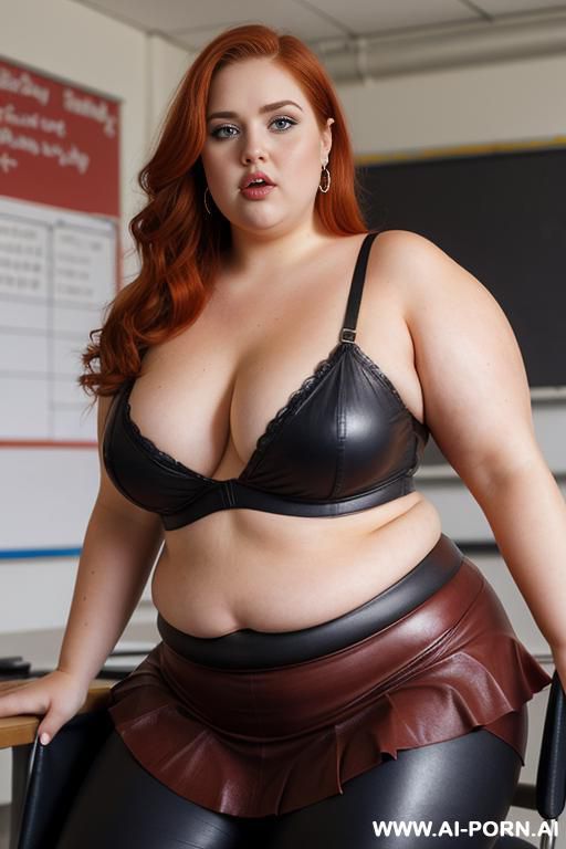 close up half body photo shot, about at classroom, chubby very ((very obese)) redhead fat bbw curvy teacher, wearing a sexy and hot micro red sequins ruffle skirt, and elegant bra, teaching to the classroom. - #main