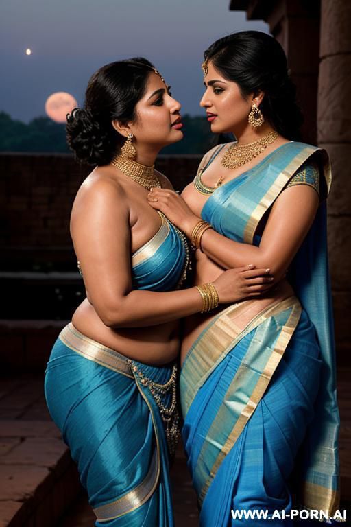 an ancient indian chubby queen in a blue sari kisses a full naked female servant with shaved vaginas under the moon - #main
