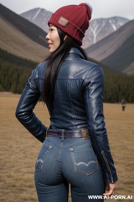 asian, nice ass, vintage blue jeans, riding flats long boots, beanie cap, full body - #main