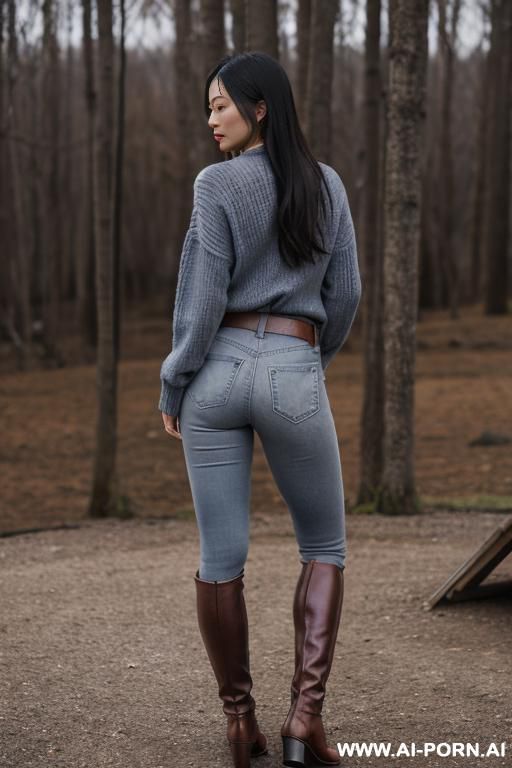asian, nice ass, vintage blue jeans, leather belt, grey color sweater, riding flats long brown boots, full view - #main
