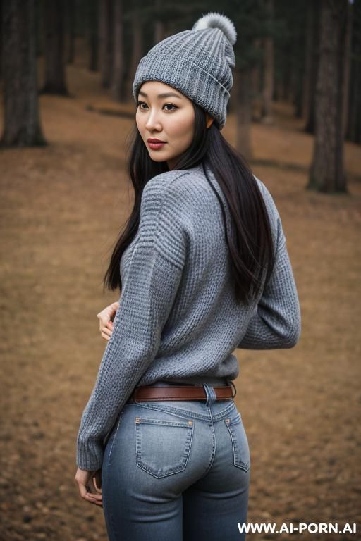 asian, ripped vintage blue jeans, leather belt, grey color sweater, riding flats long brown boots, white beanie cap, full view - #main