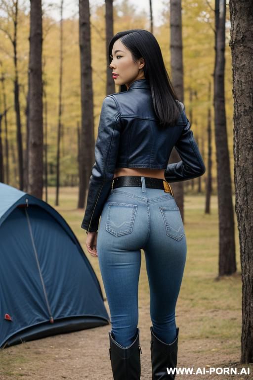 asian, nice ass, vintage blue jeans, color leather jacket, belt, riding flats long boots, full view - #main