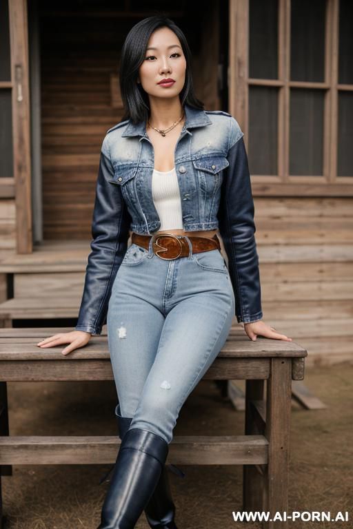 asian, nice ass, vintage blue jeans, color leather jacket, belt, riding flats long boots - #main
