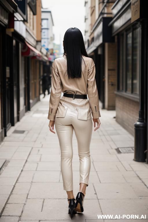 asian, beige leather pants, leather belt, oxford shoes. street walking, from behind - #main