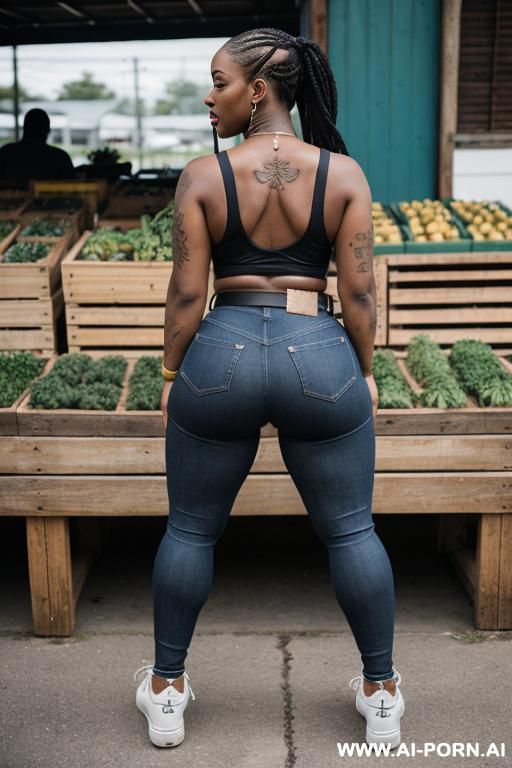 ebony, thick ass, straight blue jeans, leather belt, high football sneakers, full shot - #main