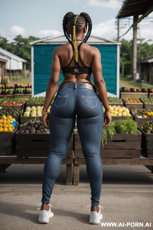 ebony, thick ass, straight blue jeans, white belt, football sneakers, full shot - #main