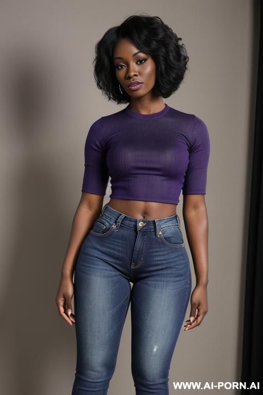 ebony, round ass, vintage straight blue jeans, purple top, oxford shoes - #main