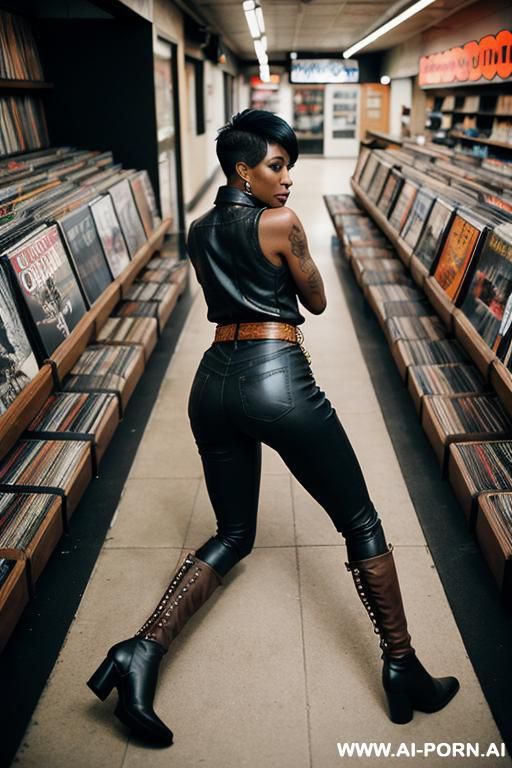 ebony mature woman, orange leather pants, pear ass, leather belt, brown ridding flats long boots, from behind - #main