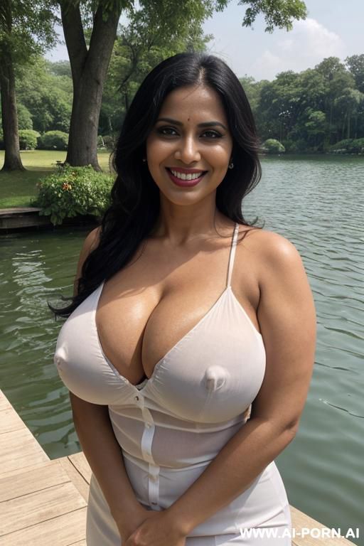 bangladeshi rich horny housewife, huge tits, ((keep face)), ((keep body)), sunny summer day, outside large lake house on the lake, wearing white shirt, - #main