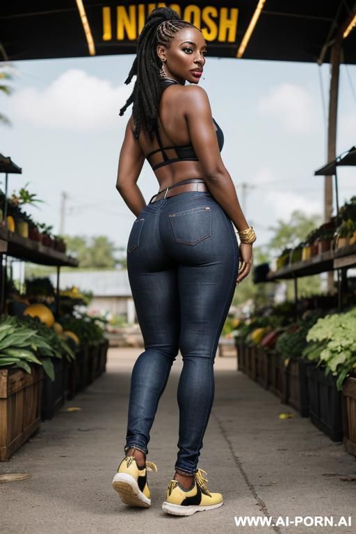 ebony, thick ass, straight blue jeans, leather belt, golden football sneakers, full shot - #main