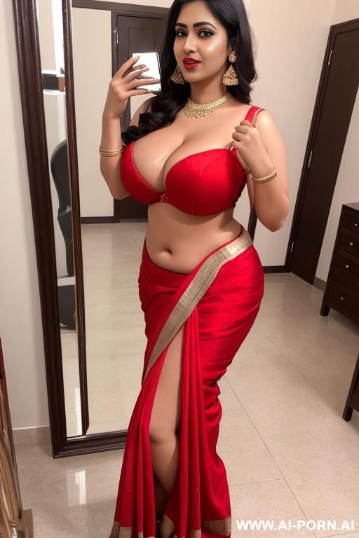 sexy hot woman, fair skinned, hourglass body, big rounder boobs, deep cleavage blouse, open waist sari, stomach bulge, heels, sexy long legs, red lipstick, beautiful face, full body front facing - #main