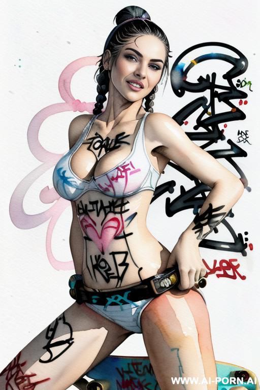 ((((at the street)))) ((((skate board)))) ((((image comic-drawing watercolor style)))) down level shot boobs in closedup ((((seductive gaze)))) pretty italian woman full lips smile shocked face bending - #main