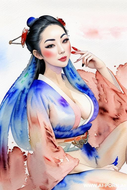 ((((in the almod field)))) ((((geisha)))) ((((image comic-drawing watercolor style)))) down level shot boobs in closedup ((((seductive gaze)))) pretty geisha woman full lips smile shocked face bending - #main