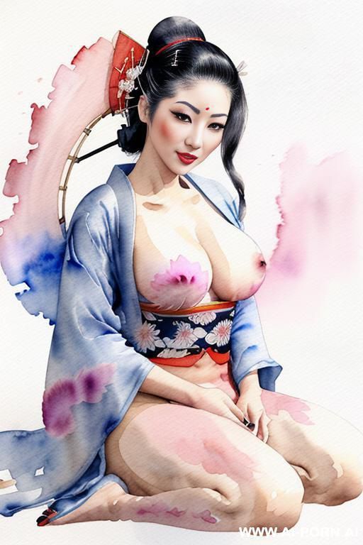 ((((topless)))) ((((geisha)))) ((((image comic-drawing watercolor style)))) down level shot boobs in closedup ((((open kimono)))) ((((seductive gaze)))) pretty geisha woman full lips smile shocked face - #main