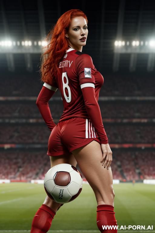 (german) football woman, perky tits, firm tight ass, tightest naughty soccer uniform, sexy red hairy pussy, horny look on her face. - #main