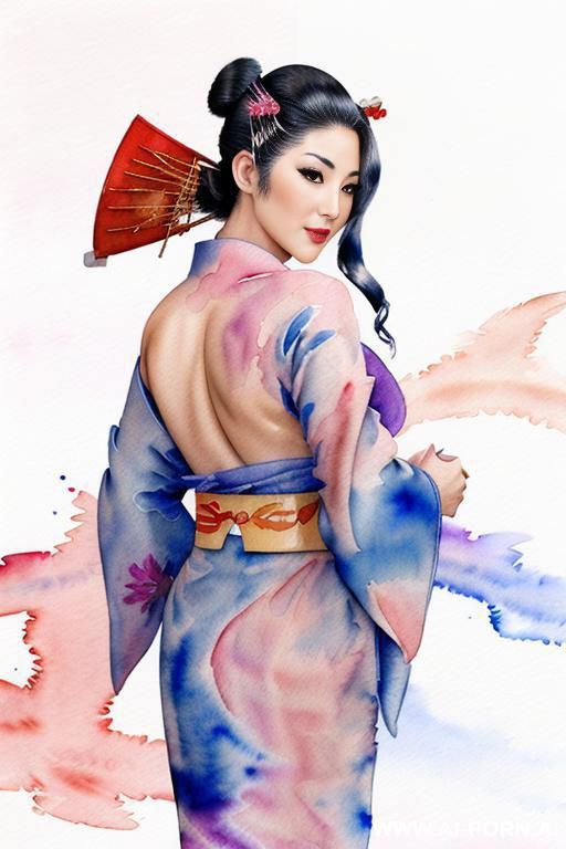 ((((open kimono)))) ((((image comic-drawing watercolor style)))) down level shot ((((seductive gaze)))) ((((geisha)))) smile shocked face bending over standing on , open kimono , ((((topless)))) , muscle - #main