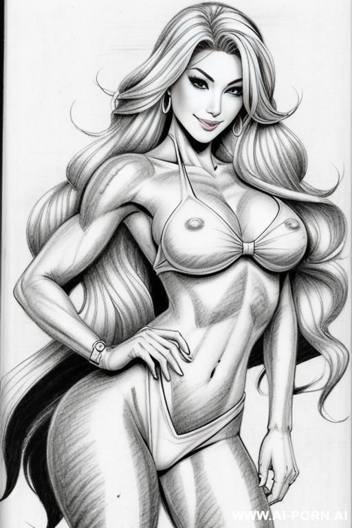 ((((image comic-drawing pencil style)))), great image, muscles, photorealistic, smile, straight wavy swept right part, realistic hip size, gyaru bimbo, proportionate stout body. - #main