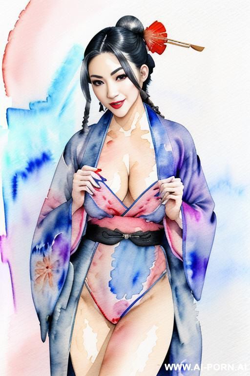 ((((open kimono)))) ((((image comic-drawing watercolor style)))) down level shot ((((seductive gaze)))) pretty geisha woman full lips smile shocked face bending over standing on , open kimono perfect - #main