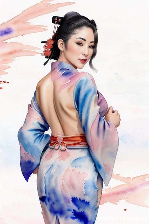 ((((open kimono)))) ((((image comic-drawing watercolor style)))) down level shot ((((seductive gaze)))) ((((geisha)))) smile shocked face bending over standing on , ((((kimono d over the shoulders)))) , - #main