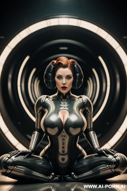 by giger. a ginger woman with wide hips is trapped on her back wi the coils of an giant anaconda. in the giger style. she looks into the camera with a pleading expression. it coils its body between her legs. by giger. in the giger style. - #main
