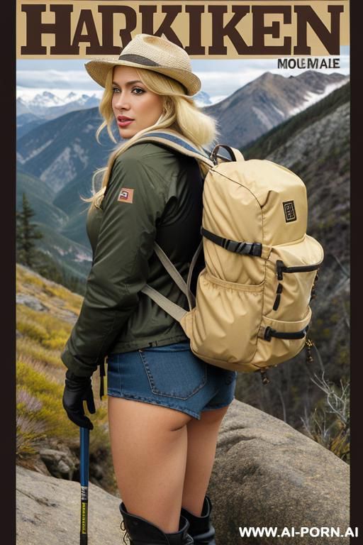 cover of hiking magazine, big letters, backpack, high boots, fisher-man hat, hairy crotch, - #main