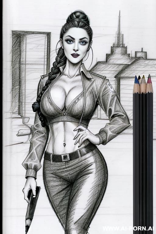 ((((mediun body shot)))) ((((image comic-drawing pencil style)))) down level shot boobs close up ((((landscape office)))) ((((security guard)))) ((((walking sexy pose)))) ((((side gaze)))) ((((big eyes)))) - #main
