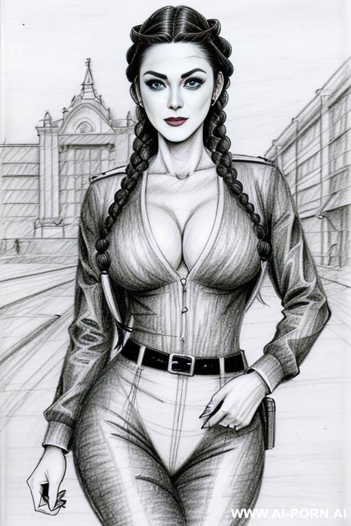 ((((mediun body shot)))) ((((image comic-drawing pencil style)))) down level shot boobs close up ((((landscape office)))) ((((security guard)))) ((((walking sexy pose)))) ((((front gaze)))) ((((big eyes)))) - #main