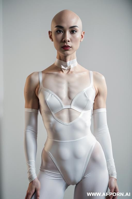 perfect androgynous, perfect faceasian-american perfect androgynous bald ballerina, ((perfect face)), ((lightly curved)), ((bulge on crotch)) ((bulging crotch)), ((crotch show bulge)), ((huge inside panties - #main