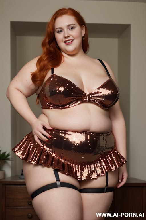 half body photo shot close up. a ((british obese fat bbw redhead)), ((thick with love handless)). ((wearing a yellow sexy and hot garter belt lingerie, and a dark-red ruffle sequins silk micro-skirt)). she is smiling - #main