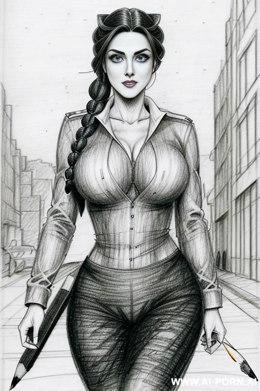 ((((mediun body shot)))) ((((image comic-drawing pencil style)))) down level shot boobs close up ((((landscape office)))) ((((security guard)))) ((((walking sexy pose)))) ((((side gaze)))) ((((big eyes)))) - #main