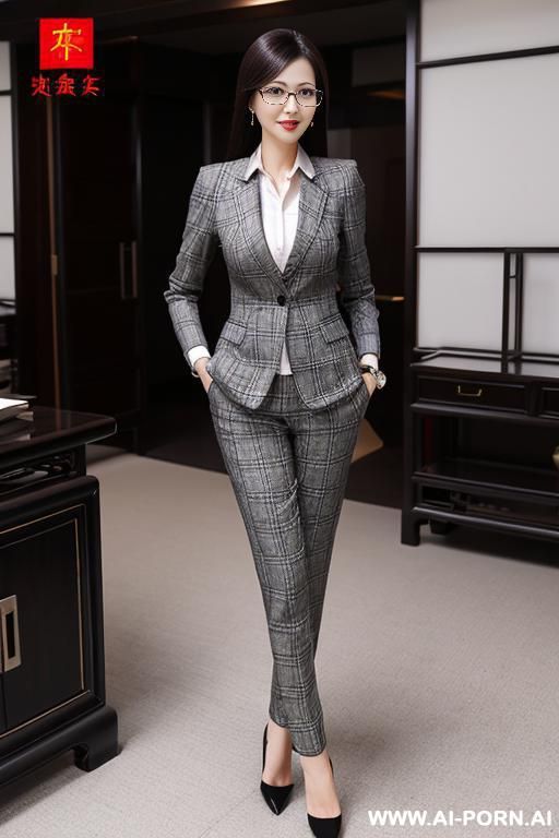(hot tall woman) (business plaid suit) (high heels) (glasses) (very pretty) (chinese milf) - #main