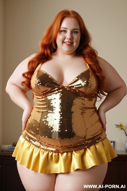 half body photo shot close up. a ((british obese fat bbw redhead)), ((thick with love handless)). ((wearing a yellow sexy and hot garter belt lingerie, and a dark-red ruffle sequins silk micro-skirt)). she is smiling - #main