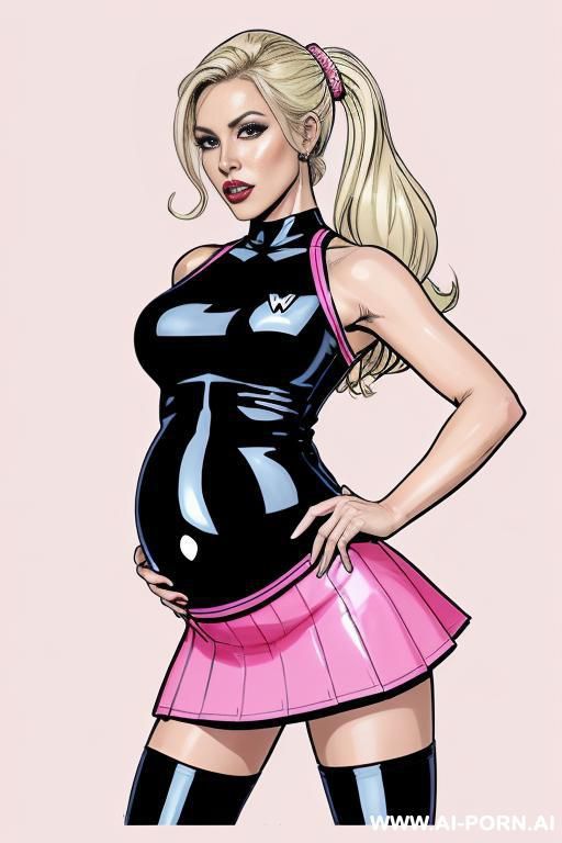 (((image comic-drawing modern style)))!!! ((keep face)), perfect woman, pretty face, pregnant, lactating white skin, blond hair, and pregnant model with shiny black and latex catsuit revealing tits and - #main