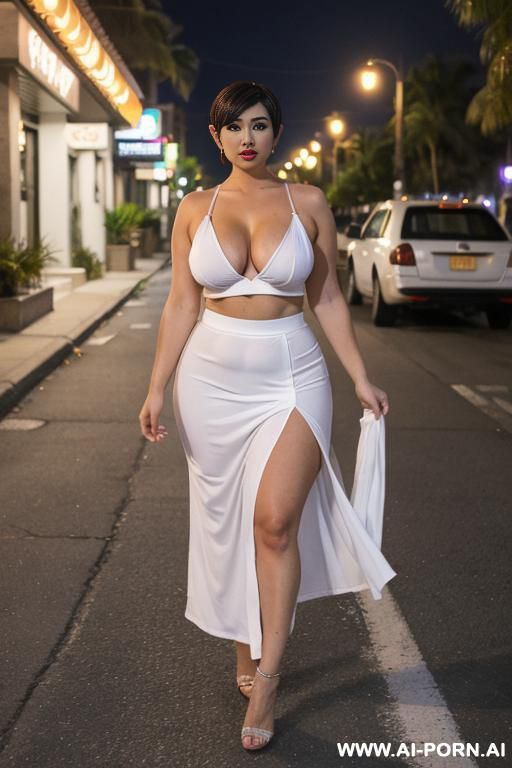 pornstar bimbo, hourglass body, bimbo lips, gigantic fake tits, teapered waist, cumslut milf, curvy body, sexy bimbo face, full body view, ((keep face)), ((keep body)), halloween night, halloween suburban neighborhood, - #main