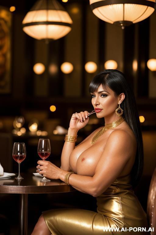 mature woman. tanned. necklace, earrings, bracelet, ankle chain. stiletto high heels., gold armband. (massive bulging bulbous round boobs). long thick pointed erect nipples. long feathered bangs hairstyle. nose stud. - #main