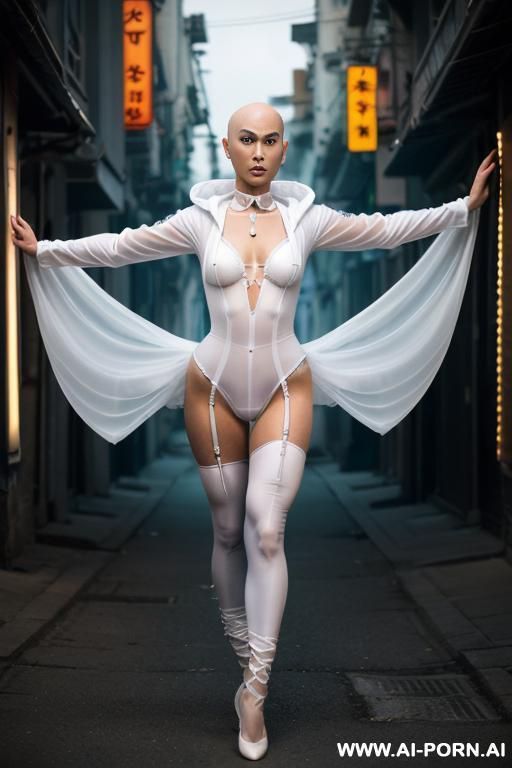 perfect androgynous, perfect faceasian-american perfect androgynous bald ballerina, ((lightly curved)), ((bulge on crotch)) ((bulging crotch)), ((crotch show bulge)), ((huge inside panties bulging)), white - #main