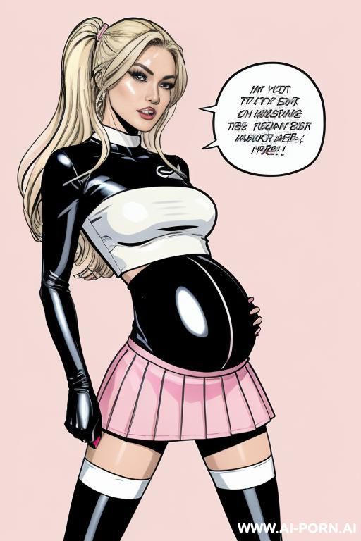 (((image comic-drawing modern style)))!!! ((keep face)), perfect woman, pretty face, pregnant, lactating white skin, blond hair, and pregnant model with shiny black and latex catsuit revealing tits and - #main
