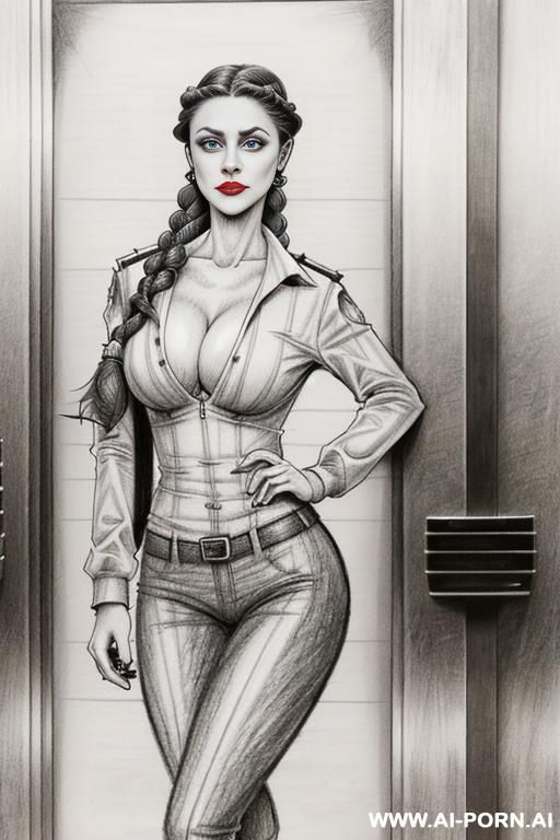 ((((full body shot)))) ((((image comic-drawing pencil style)))) down level shot boobs close up ((((waiting into elevator)))) ((((security guard)))) ((((waiting sexy pose)))) ((((side gaze)))) ((((big - #main