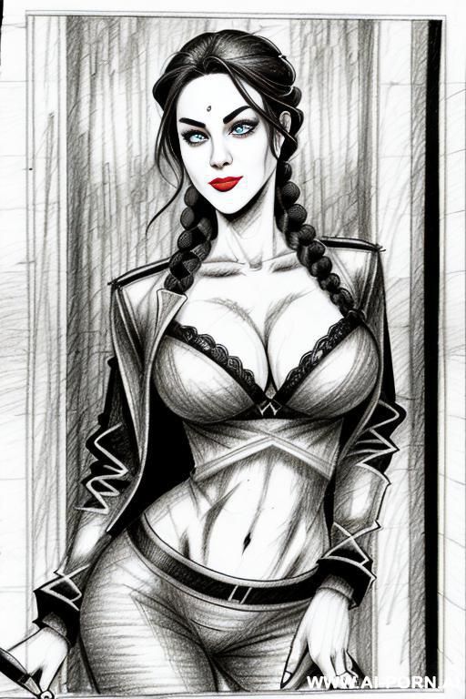 ((((mediun body shot)))) ((((image comic-drawing pencil style)))) down level shot boobs close up ((((waiting into elevator)))) ((((security guard)))) ((((waiting sexy pose)))) ((((side gaze)))) ((((big - #main