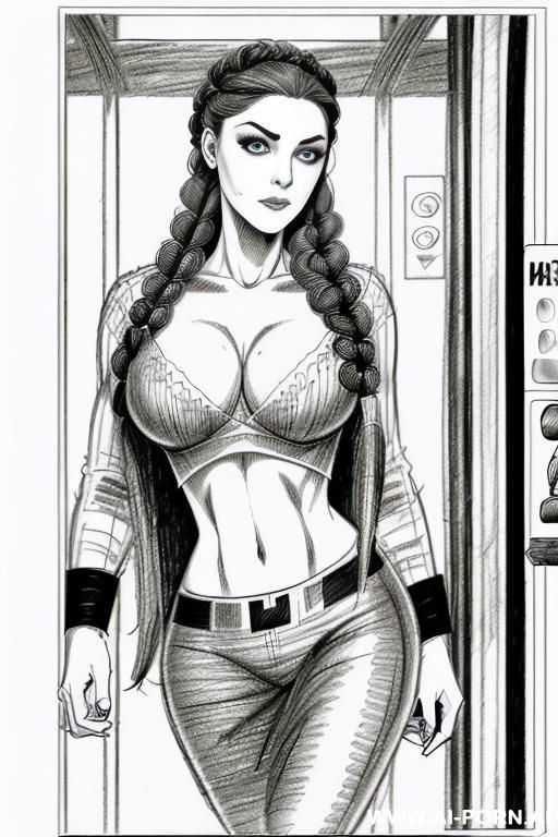 ((((mediun body shot)))) ((((image comic-drawing pencil style)))) down level shot boobs close up ((((into elevator)))) ((((security guard)))) ((((walking sexy pose)))) ((((looking at the horizon)))) ((((big - #main
