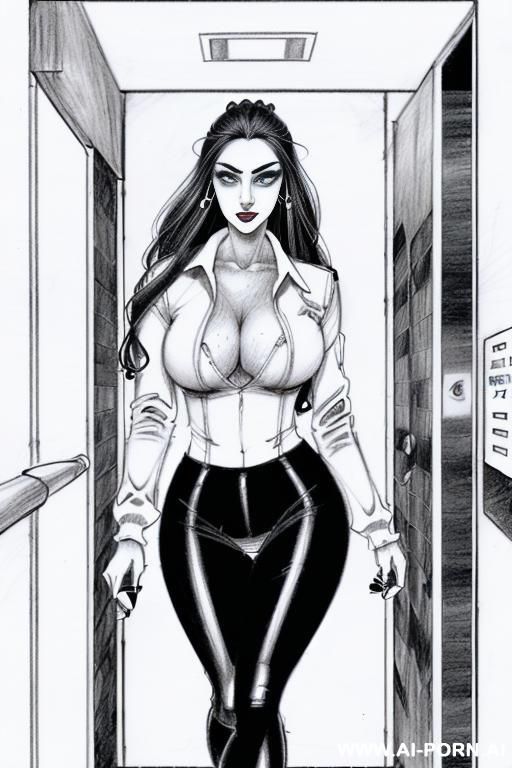 ((((mediun body shot)))) ((((horizonte gaze)))) ((((image comic-drawing pencil style)))) down level shot ((((exiting elevator)))) ((((security guard)))) ((((walking)))) ((((big eyes)))) pretty italian woman full - #main