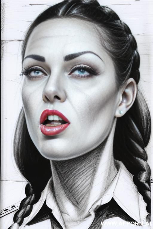 ((((image comic-drawing pencil style)))) down level shot ((((face close up)))) ((((front face)))) ((((security guard)))) ((((open mouth)))) ((((very open big eyes)))) pretty italian woman full red lips, - #main