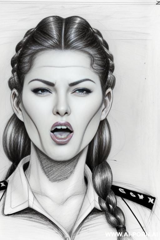 ((((image comic-drawing pencil style)))) down level shot ((((face close up)))) ((((front face)))) ((((security guard)))) ((((open mouth)))) ((((eyes very very open)))) pretty italian woman full red lips, - #main