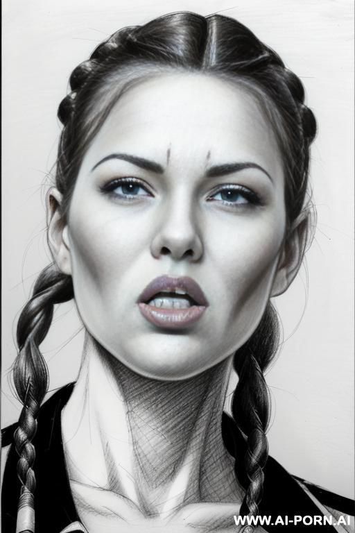 ((((image comic-drawing pencil style)))) down level shot ((((face close up)))) ((((front face)))) ((((security guard)))) ((((open mouth)))) ((((very very open eyes)))) pretty italian woman full red lips, - #main
