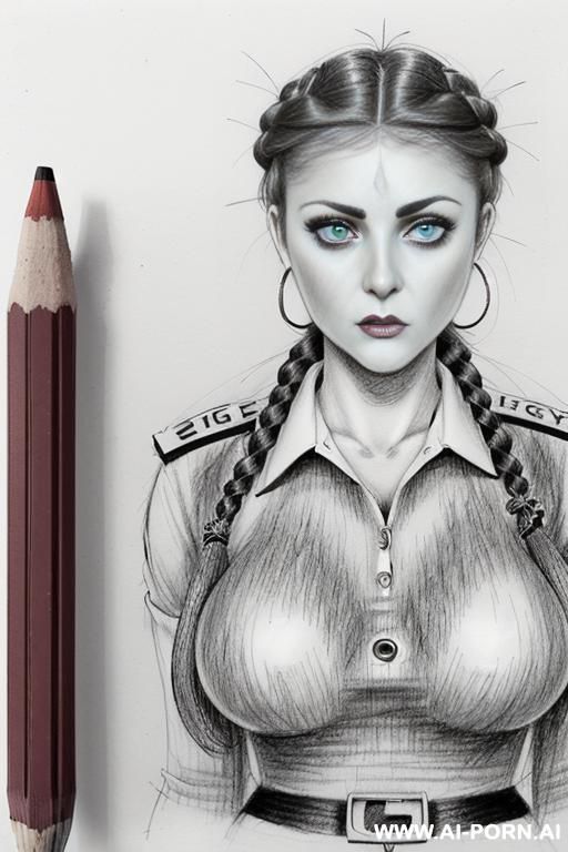 ((((image comic-drawing pencil style)))) up level shot ((((front face)))) ((((security guard)))) ((((big eyes)))) pretty italian woman full red lips, ((((shocked)))) , muscle fit , long-sleeved shirt - #main