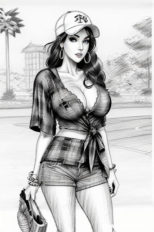 ((((image comic-drawing pencil style))) (((full body shot))), (at the sunset) (oíl skin body) , (hoop earrings), long, thick, brunette pixie haircut, (sexy slut), (((most beautiful woman ever))), (in - #main