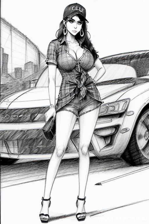 ((((image comic-drawing pencil style))) (((full body shot))), (at the sunset) (oíl skin body) , (hoop earrings), long, thick, brunette pixie haircut, (sexy slut), (((most beautiful woman ever))), - #main