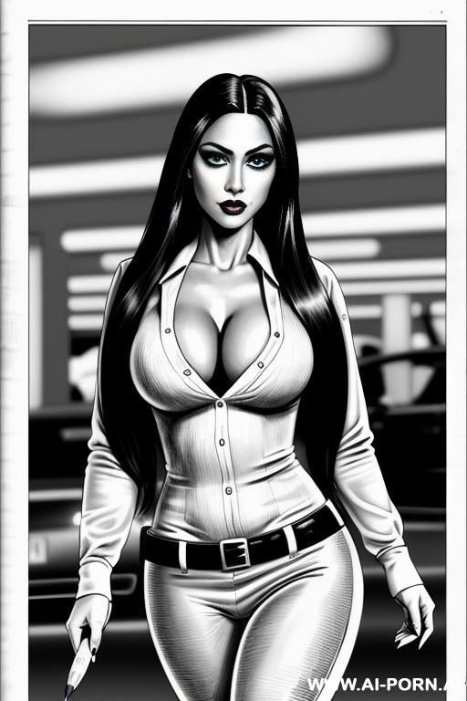 ((((image comic-drawing pencil style)))) down level shot ((((impressed)))) face close up ((((landscape underground parking )))) ((((security guard)))) ((((walking sexy pose)))) ((((impressed)))) ((((big eyes)))) - #main